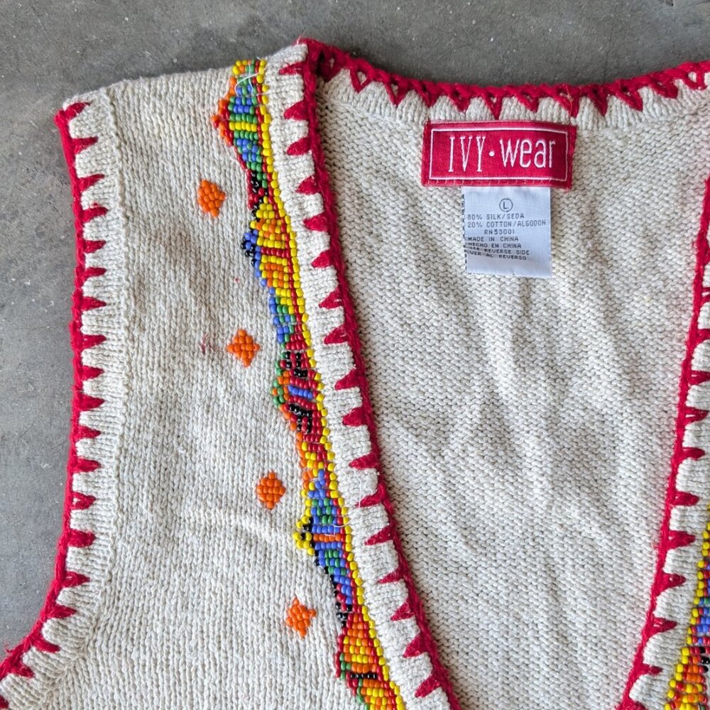 Vintage Southwestern Silk Cotton Beaded Knit Sweater Vest large boho fall - Picture 2 of 8